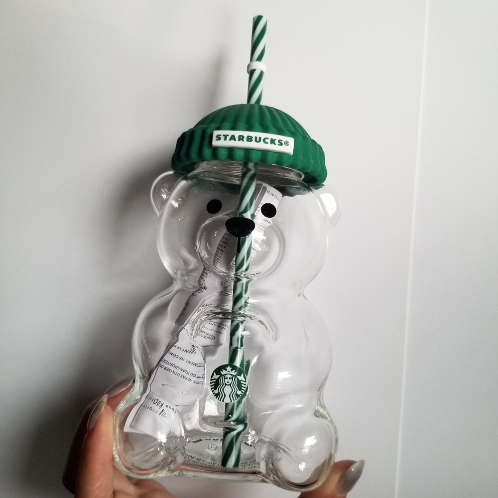 Starbucks Green and Clear Bear Glass Tumbler